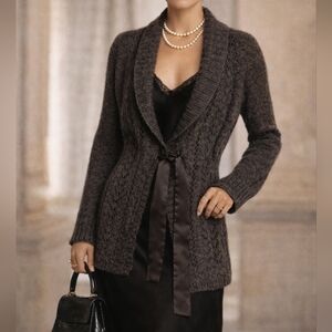 Vintage Y2K Brown Knitted Cottage Coquette Ribbon Tie Front Cardigan